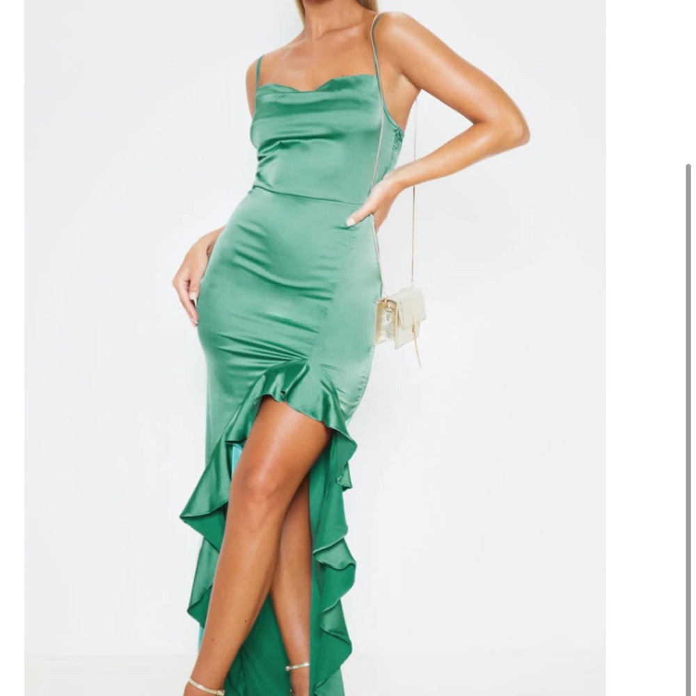 Emerald Green Cowl Neck Frill Hem Maxi Dress
